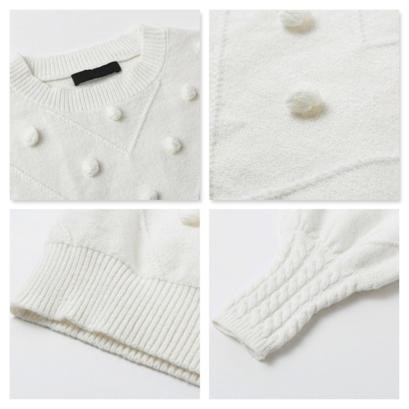 White Pom Pom Bishop Sleeve Pullover Sweater - Picture 7 of 8